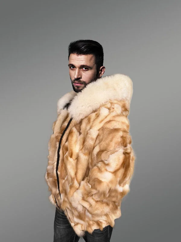 Men’s Whisky Gold Fox Fur Bomber with Hood - Image 3