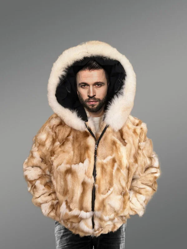 Men’s Whisky Gold Fox Fur Bomber with Hood - Image 4