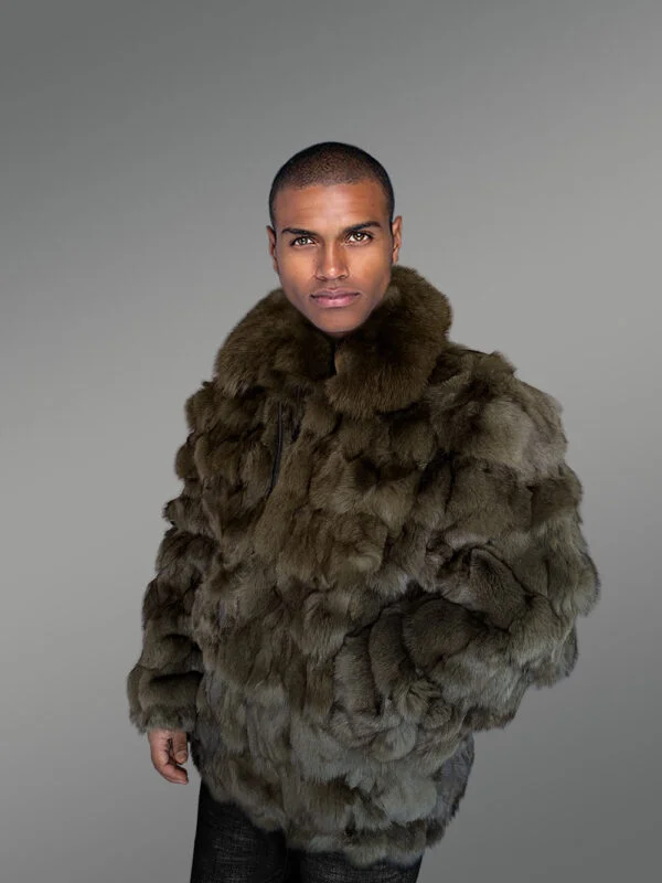 Mens Olive Green Bomber of Fox Fur – Spectacular Outfit for Grand Events - Image 4