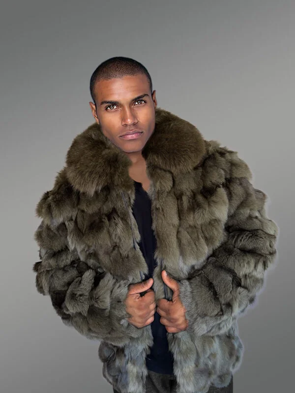 Mens Olive Green Bomber of Fox Fur – Spectacular Outfit for Grand Events - Image 5