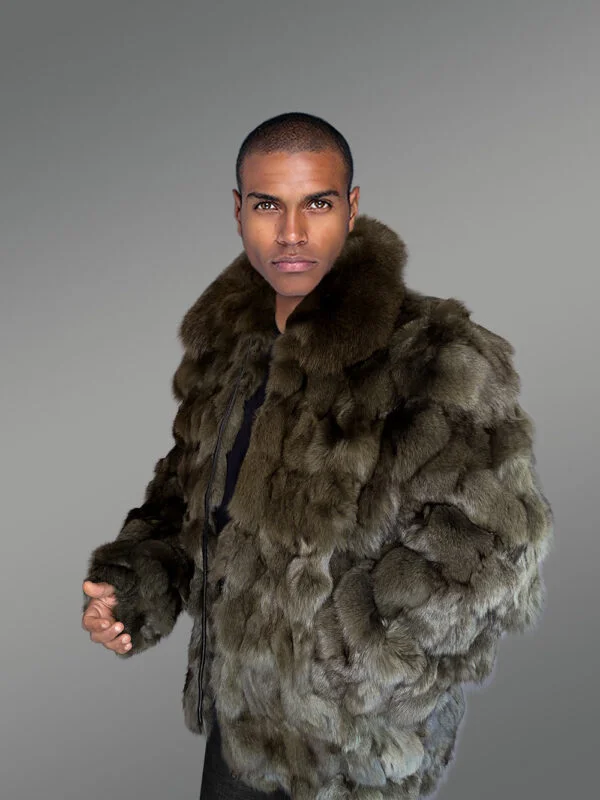 Mens Olive Green Bomber of Fox Fur – Spectacular Outfit for Grand Events - Image 8