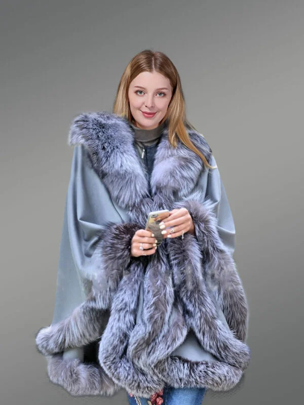 Womens Lambskin Poncho with Fox Fur Accentuation - Image 4