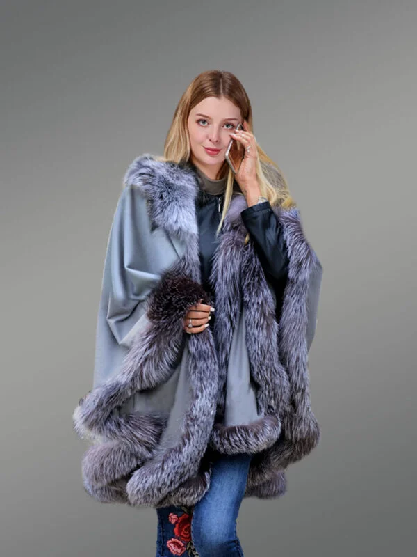 Womens Lambskin Poncho with Fox Fur Accentuation - Image 5