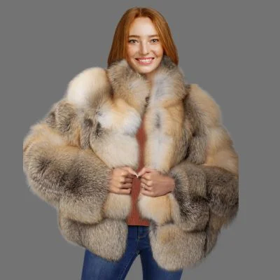 Womens Golden Fox Fur Short Jacket – Fashion-Forward Outfit for Winter