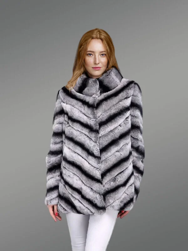 Womens Rabbit Fur High-Neck CoatLooks Chic in Dual Color Chevron Pattern - Image 2