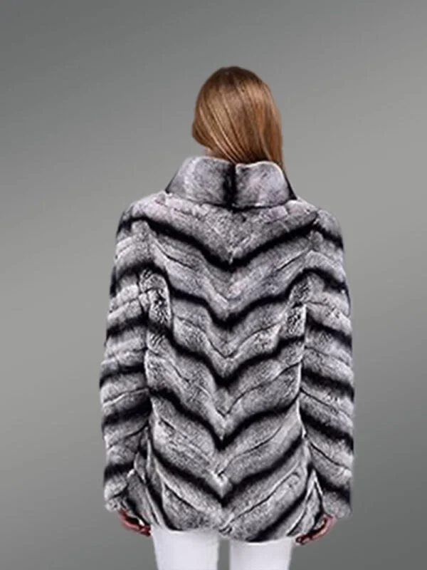 Womens Rabbit Fur High-Neck CoatLooks Chic in Dual Color Chevron Pattern - Image 3