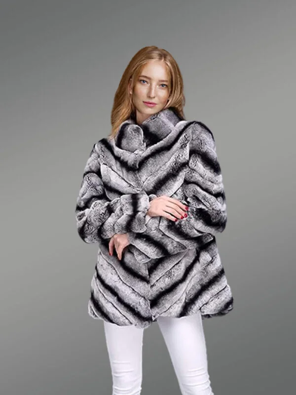 Womens Rabbit Fur High-Neck CoatLooks Chic in Dual Color Chevron Pattern - Image 4