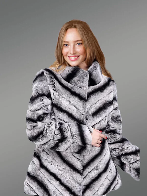 Womens Rabbit Fur High-Neck CoatLooks Chic in Dual Color Chevron Pattern - Image 7