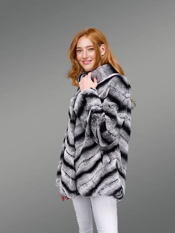 Womens Rabbit Fur High-Neck CoatLooks Chic in Dual Color Chevron Pattern - Image 9
