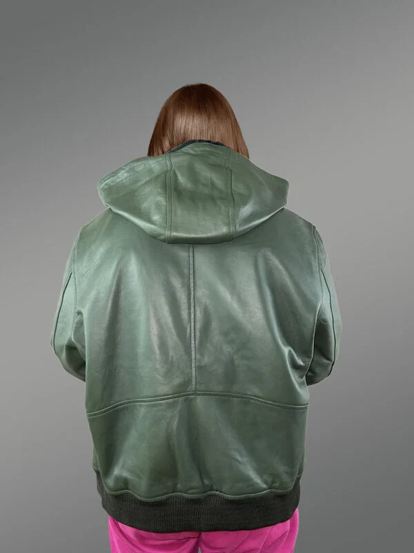 Womens Hooded Leather Bomber Jacket – Crafted with Snug Warmth - Image 2