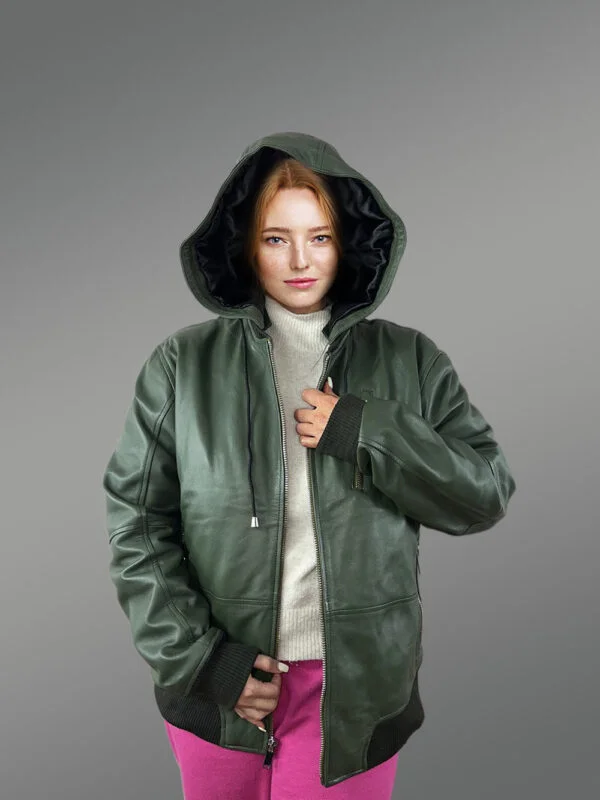 Womens Hooded Leather Bomber Jacket – Crafted with Snug Warmth - Image 3