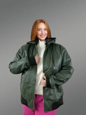 Womens Hooded Leather Bomber Jacket – Crafted with Snug Warmth