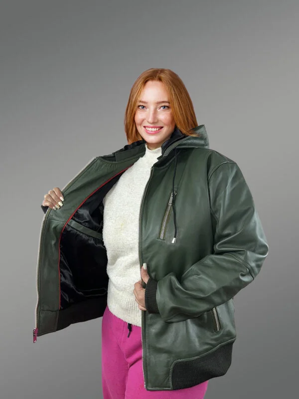 Womens Hooded Leather Bomber Jacket – Crafted with Snug Warmth - Image 4