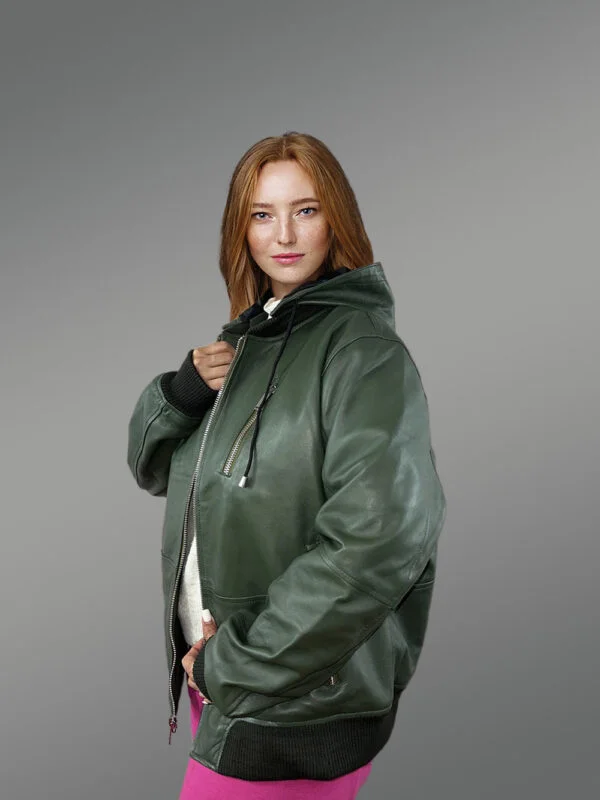 Womens Hooded Leather Bomber Jacket – Crafted with Snug Warmth - Image 5