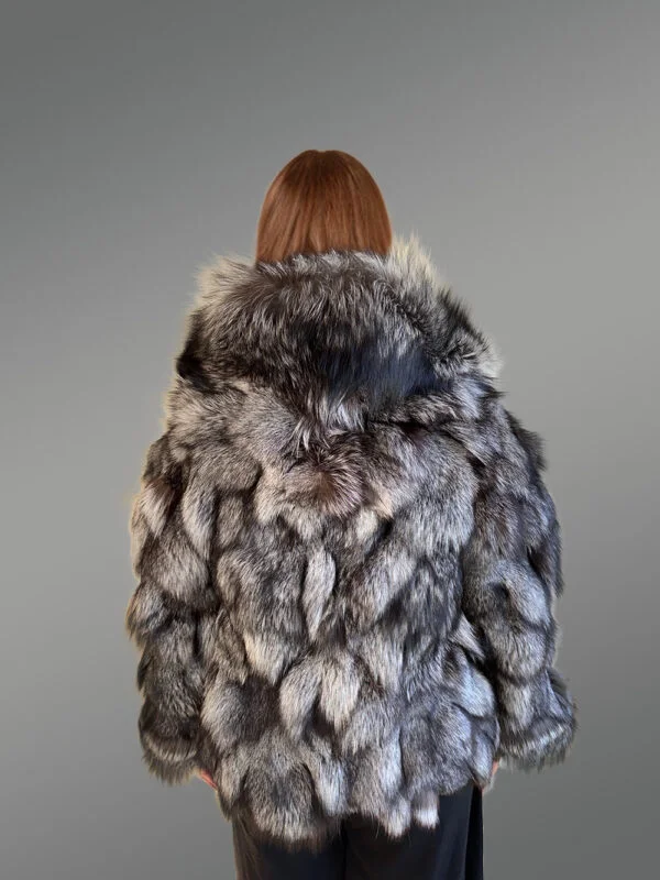 Women’s Silver Fox Fur Bomber Jacket with Accent Cuffs - Image 2