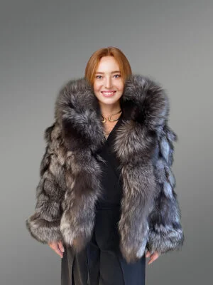 Women’s Silver Fox Fur Bomber Jacket with Accent Cuffs