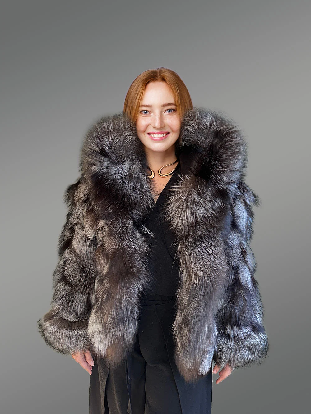 Women’s Silver Fox Fur Bomber Jacket with Accent Cuffs