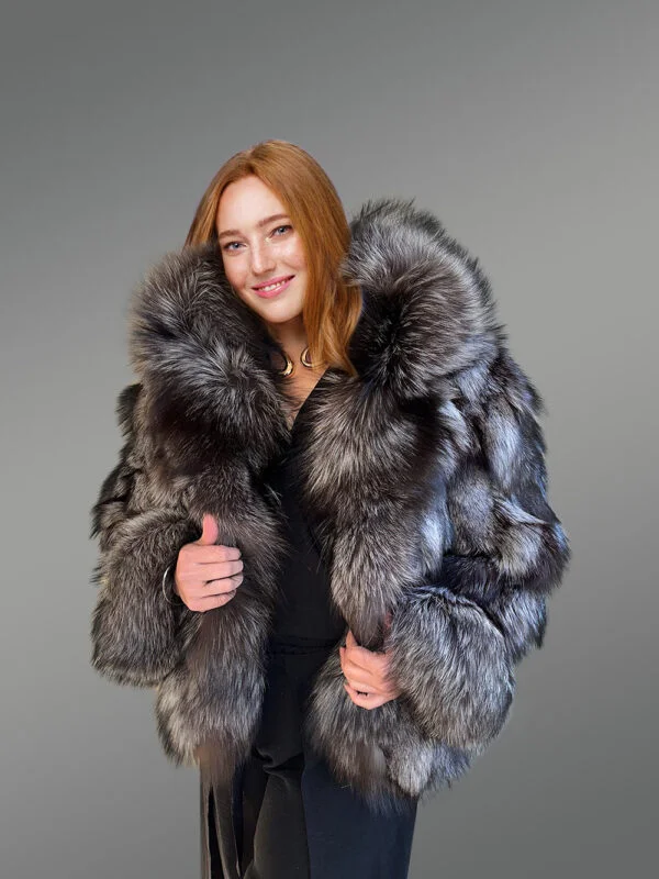 Women’s Silver Fox Fur Bomber Jacket with Accent Cuffs - Image 4