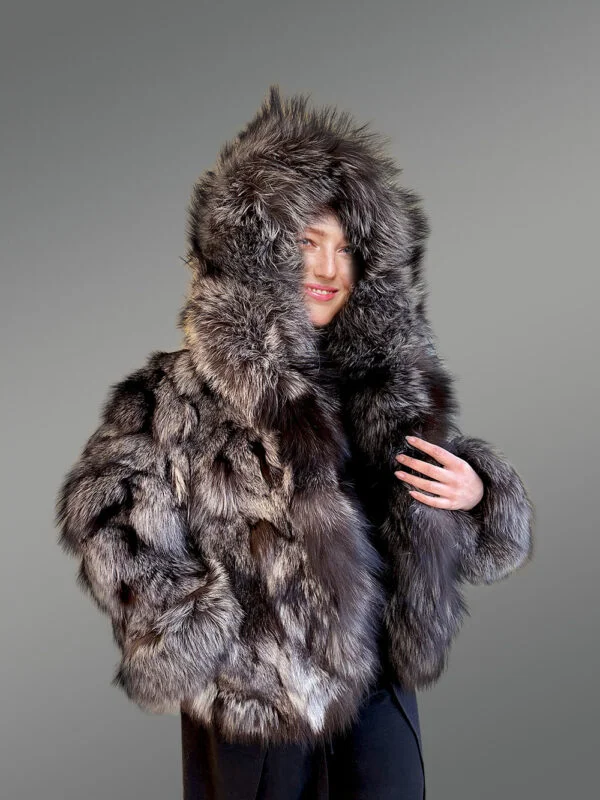 Women’s Silver Fox Fur Bomber Jacket with Accent Cuffs - Image 5