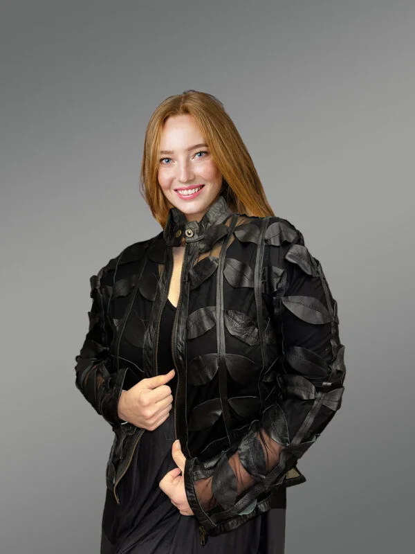 Spring Netted Black Leather Jacket Radiating Glamorous Oomph - Image 4