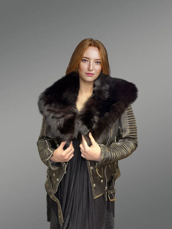 Vintage Finish Leather Biker jacket with Fox Collar