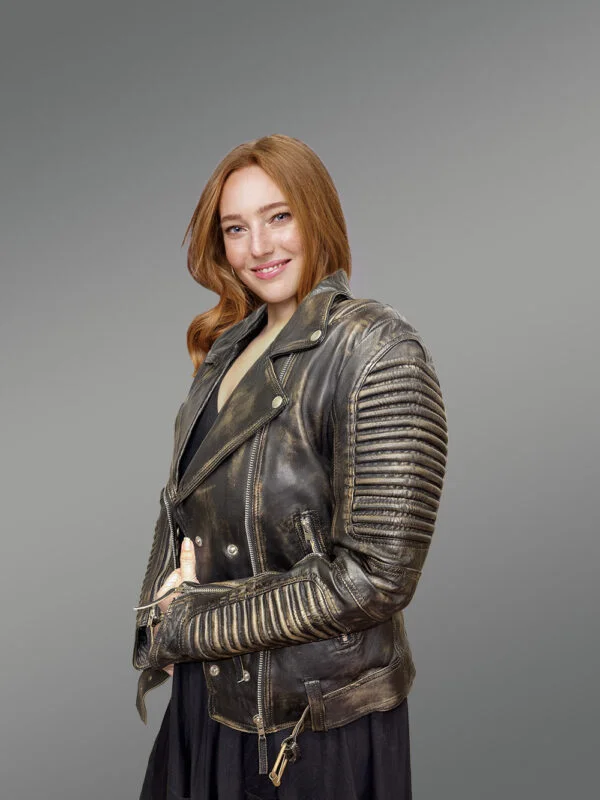 Women’s Vintage Leather Biker Jacket with Belt - Image 3