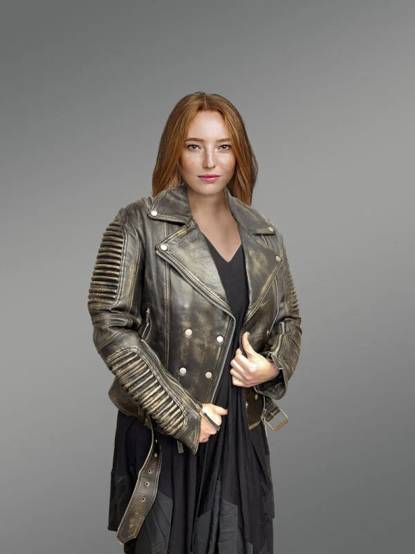 Women’s Vintage Leather Biker Jacket with Belt - Image 4