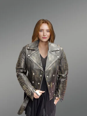 Women’s Vintage Leather Biker Jacket with Belt