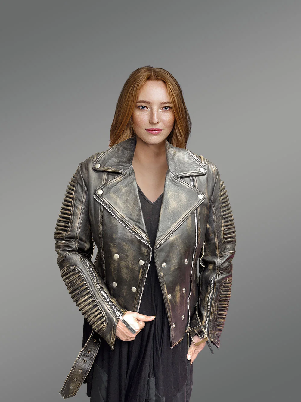 Women’s Vintage Leather Biker Jacket with Belt