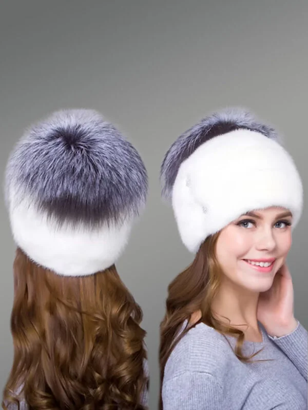 Arctic Fox Beanie Hat with Silver Fox Pom Pom