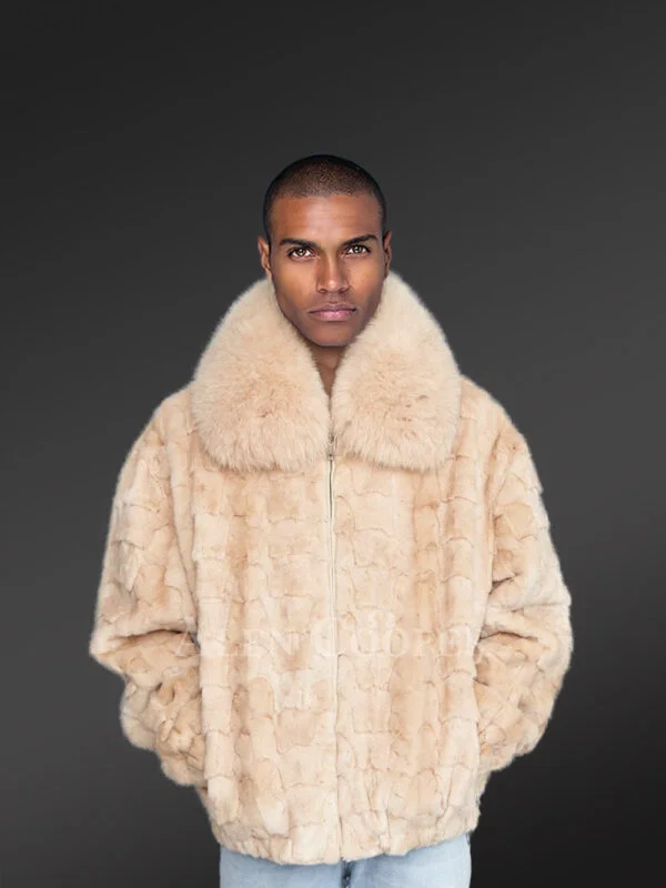 Mens Beige Mink Fur Bomber Jacket – Brace the Chills of Winter in Elegance