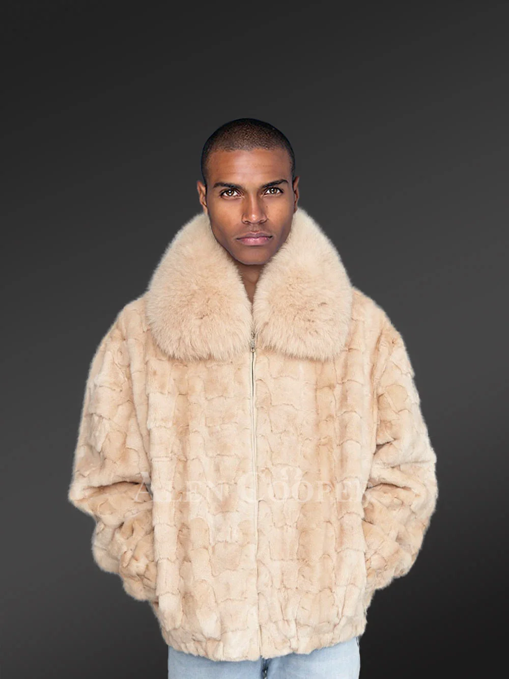 Mens Beige Mink Fur Bomber Jacket – Brace the Chills of Winter in Elegance