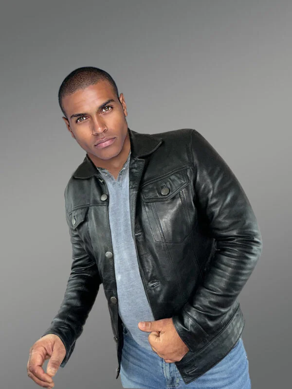 Men’s Button Down Italian Finish Leather Jacket in Black - Image 2