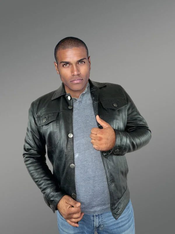 Men’s Button Down Italian Finish Leather Jacket in Black - Image 3