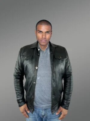 Men’s Button Down Italian Finish Leather Jacket in Black