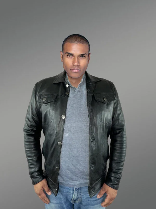 Men’s Button Down Italian Finish Leather Jacket in Black