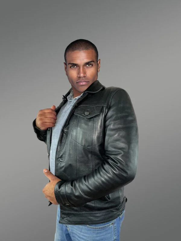 Men’s Button Down Italian Finish Leather Jacket in Black - Image 4