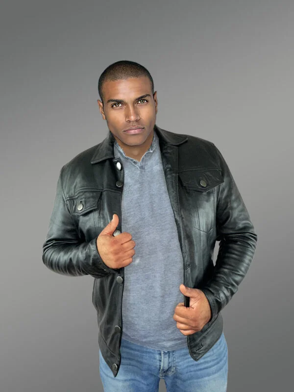 Men’s Button Down Italian Finish Leather Jacket in Black - Image 6