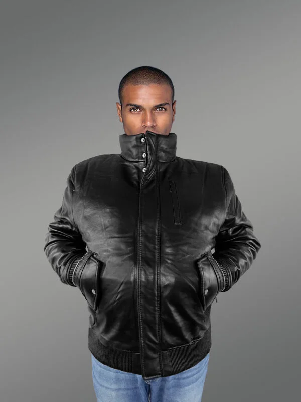 Mens Turtle Neck Leather Bomber Jacket - Image 2
