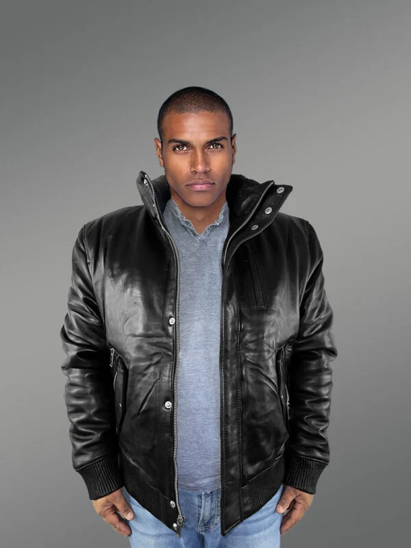 Mens Turtle Neck Leather Bomber Jacket - Image 3