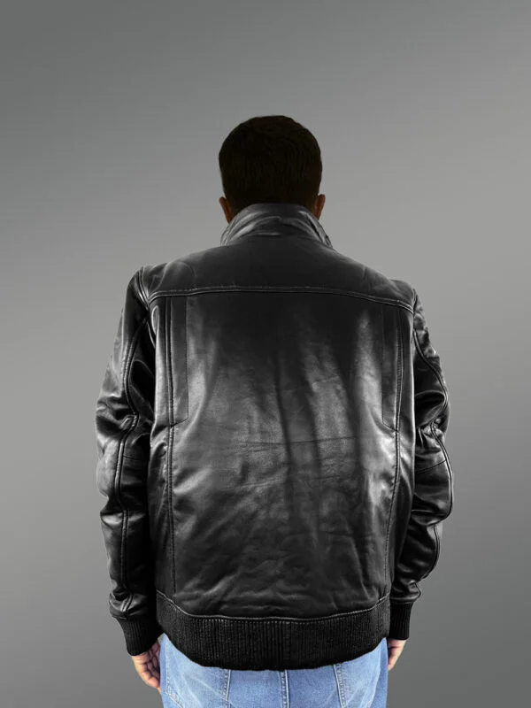 Mens Turtle Neck Leather Bomber Jacket - Image 5