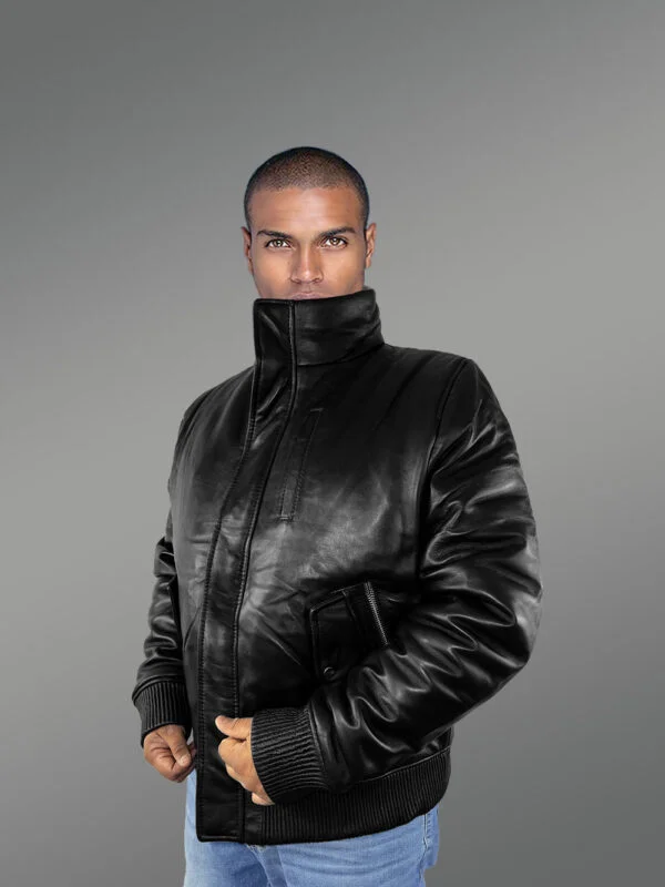 Mens Turtle Neck Leather Bomber Jacket - Image 6