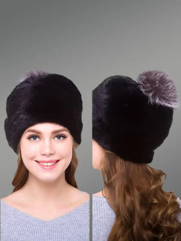 Mink Beanie Hat with Silver Fox Pompom – Fashionable & Comforting Add-On