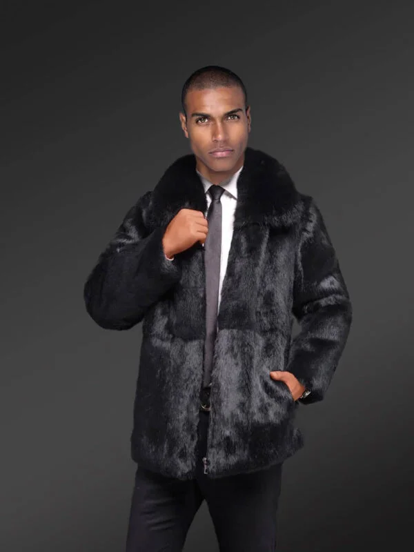 Rabbit Fur Men Coat with Fox Fur Collar