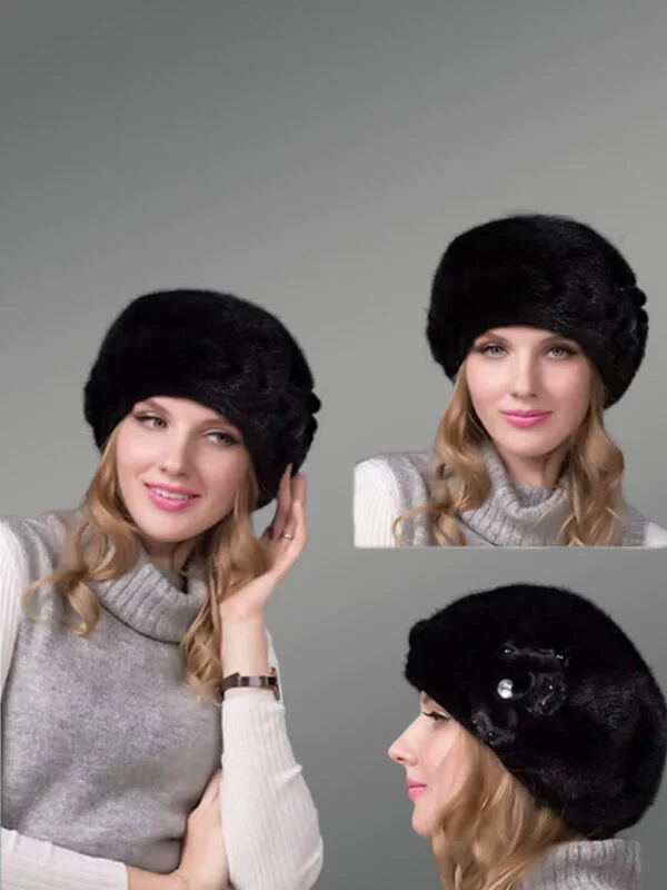 Womens Black Mink Beret with Floral Accent on One Side