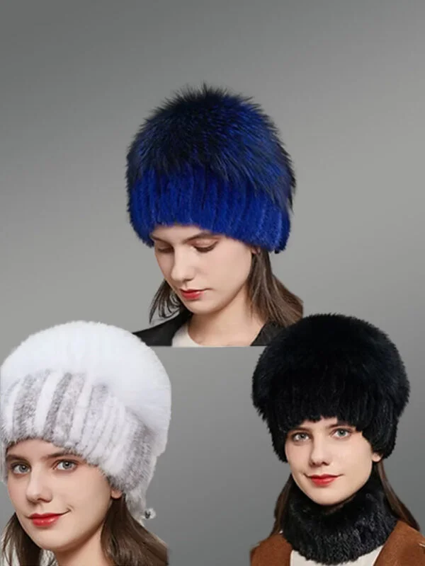 Womens Knit Mink Fur Beaniewith a Fluffy Fox Fur Pompom - Image 2