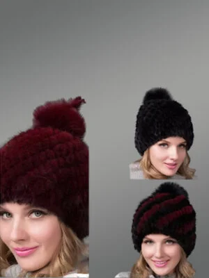 Womens Mink Hat with Fox Fur Pompom at the Top with a Playful Vibe