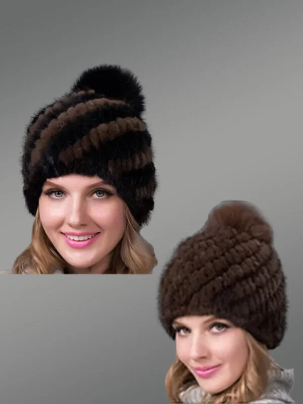 Womens Mink Hat with Fox Fur Pompom at the Top with a Playful Vibe - Image 2