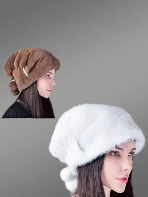 Womens Mink Hat with Pompom Adorned with Stylish Pin Detail - Image 2