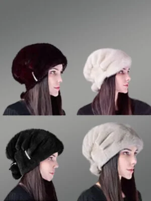 Womens Mink Hat with Pompom Adorned with Stylish Pin Detail